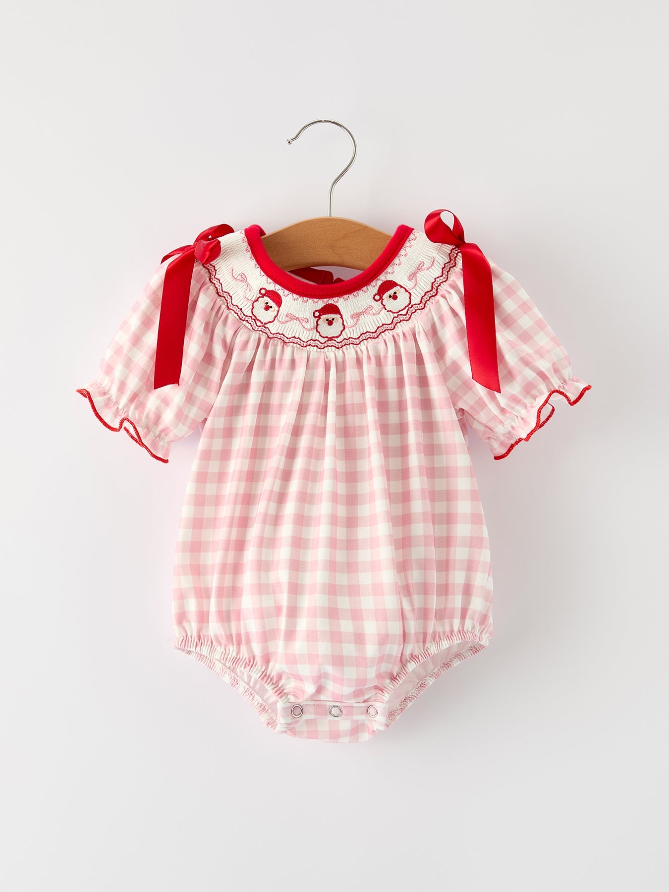 Pink Gingham Christmas Baby Girls Romper: Santa Embroidery With Red Satin Ribbon