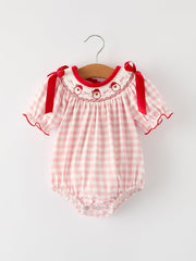 Pink Gingham Christmas Baby Girls Romper: Santa Embroidery With Red Satin Ribbon