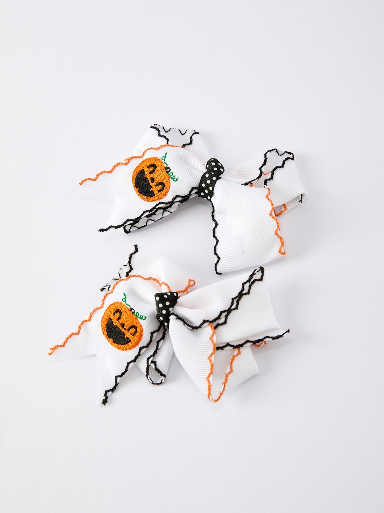 Halloween Pumpkin Hair Bows: White Ribbon Design（2pcs）