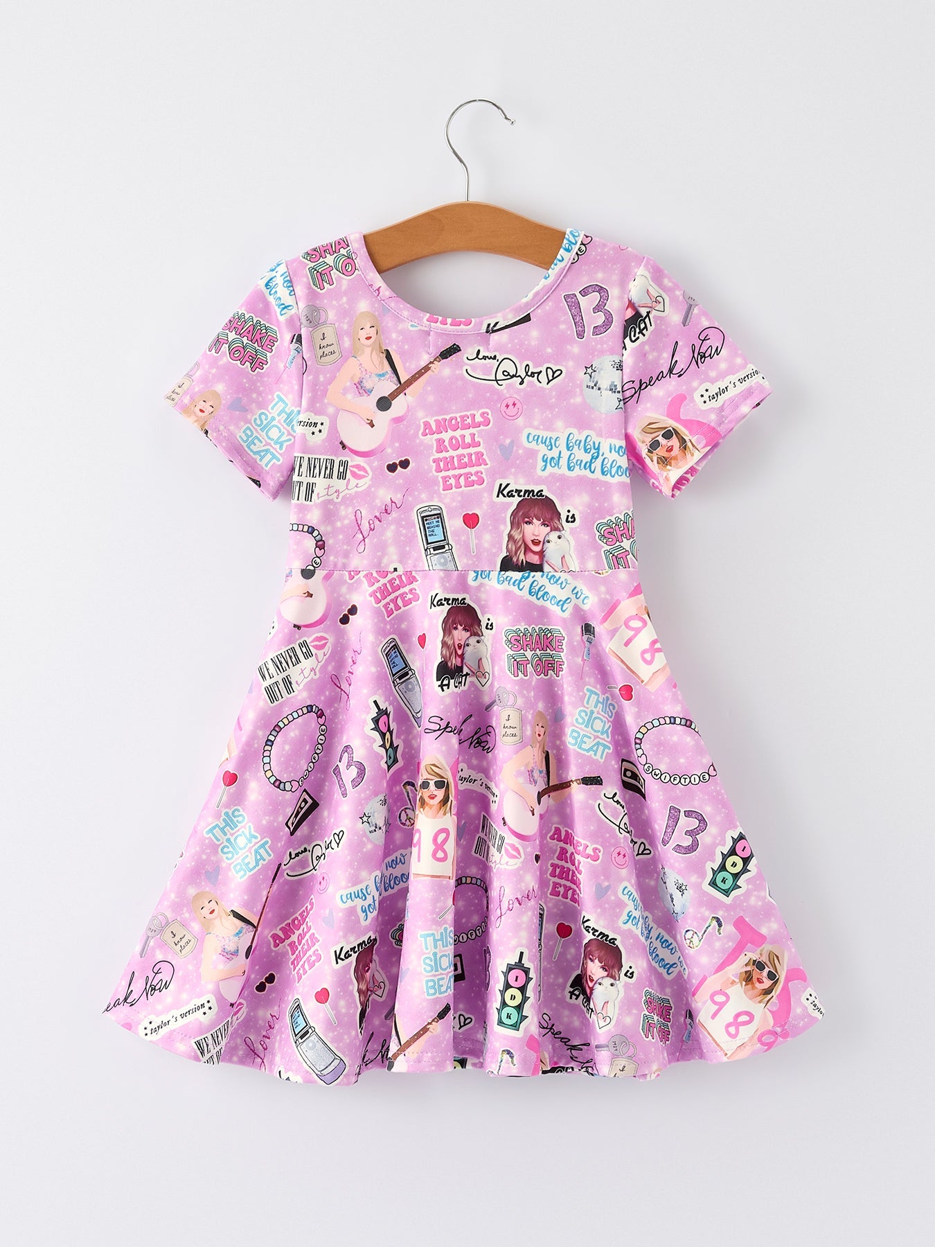 Christmas Purple Ts Twirly Print Girls Short Sleeves Dress：musical Journey In Style