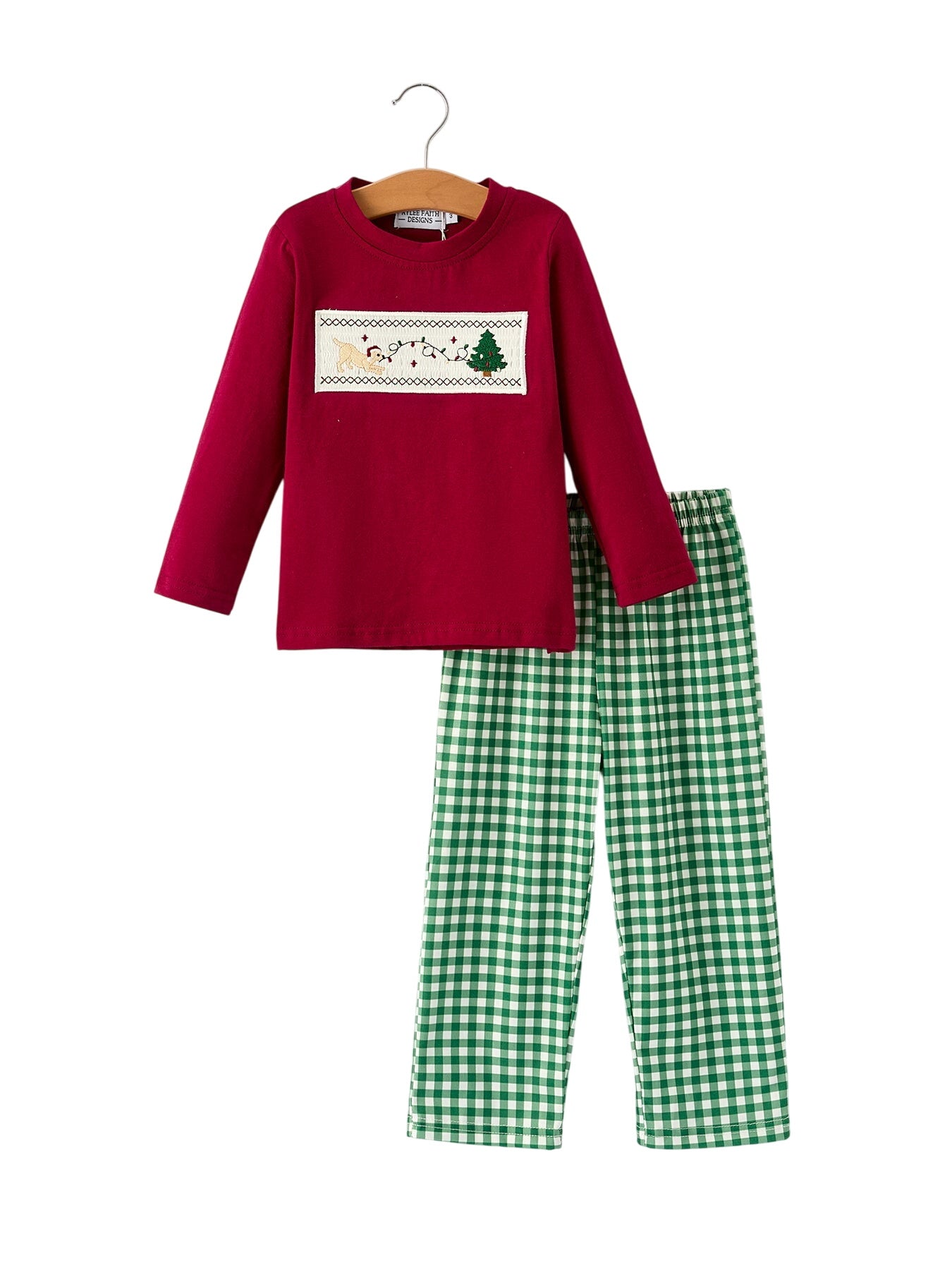 Christmas Tree Dog Smocking Embroidered  Plaid Boys Set