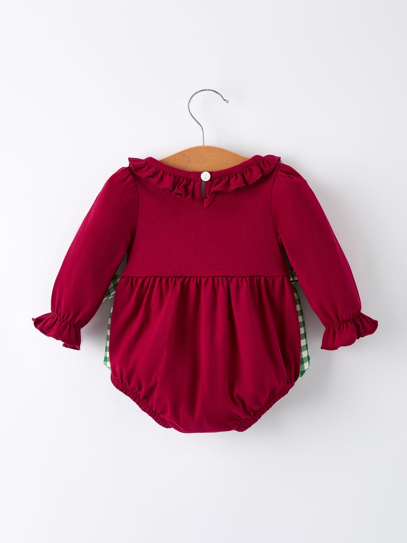 Christmas Embroidered Baby Girls Romper With Green Plaid Bow