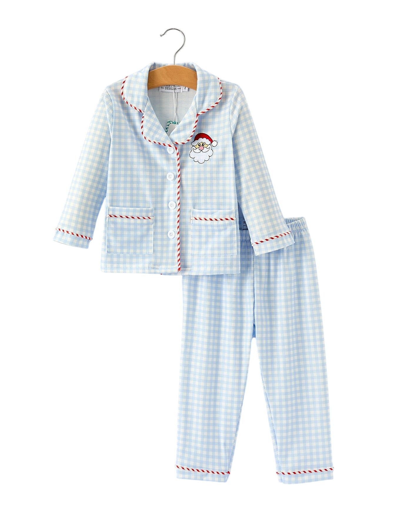 Blue Christmas Santa Embroidery Plaid Girls Pajamas Set