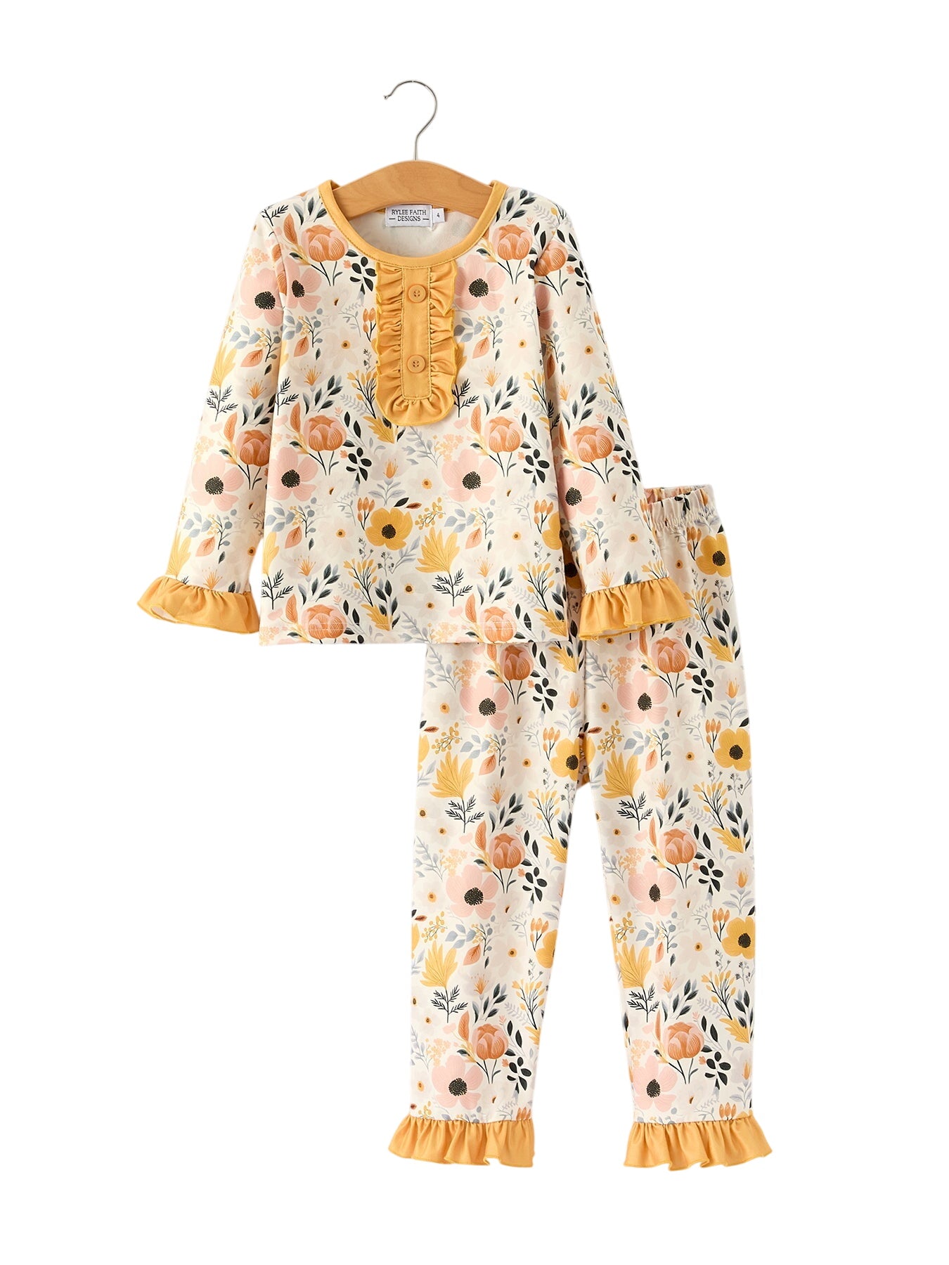 Fall Floral Print Girls Pajamas Set With Ruffle Details