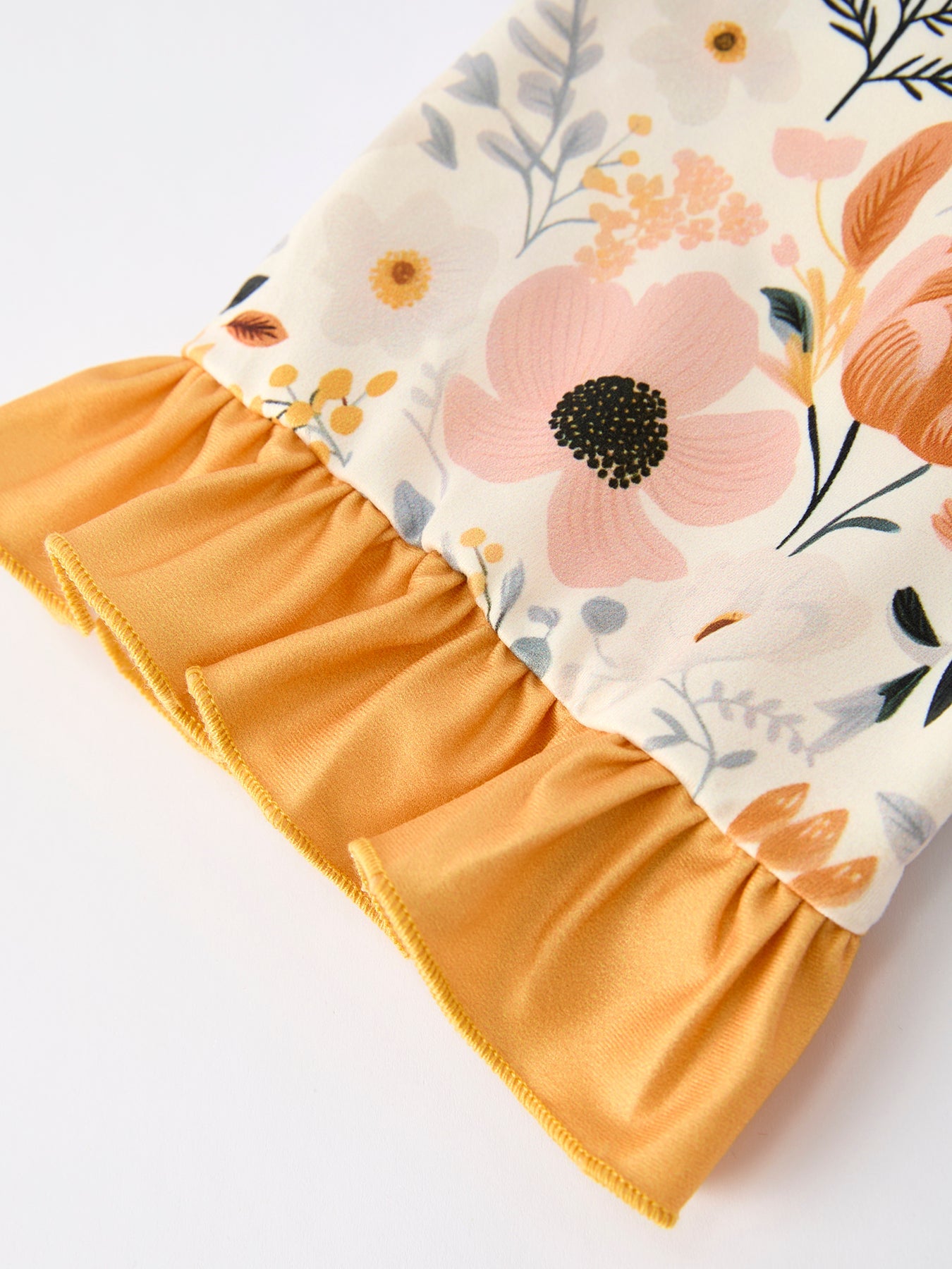 Fall Floral Print Girls Pajamas Set With Ruffle Details