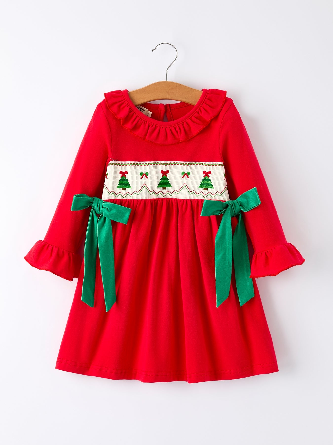 Christmas Smocked Dress With Green Bow And Tree Embroidery