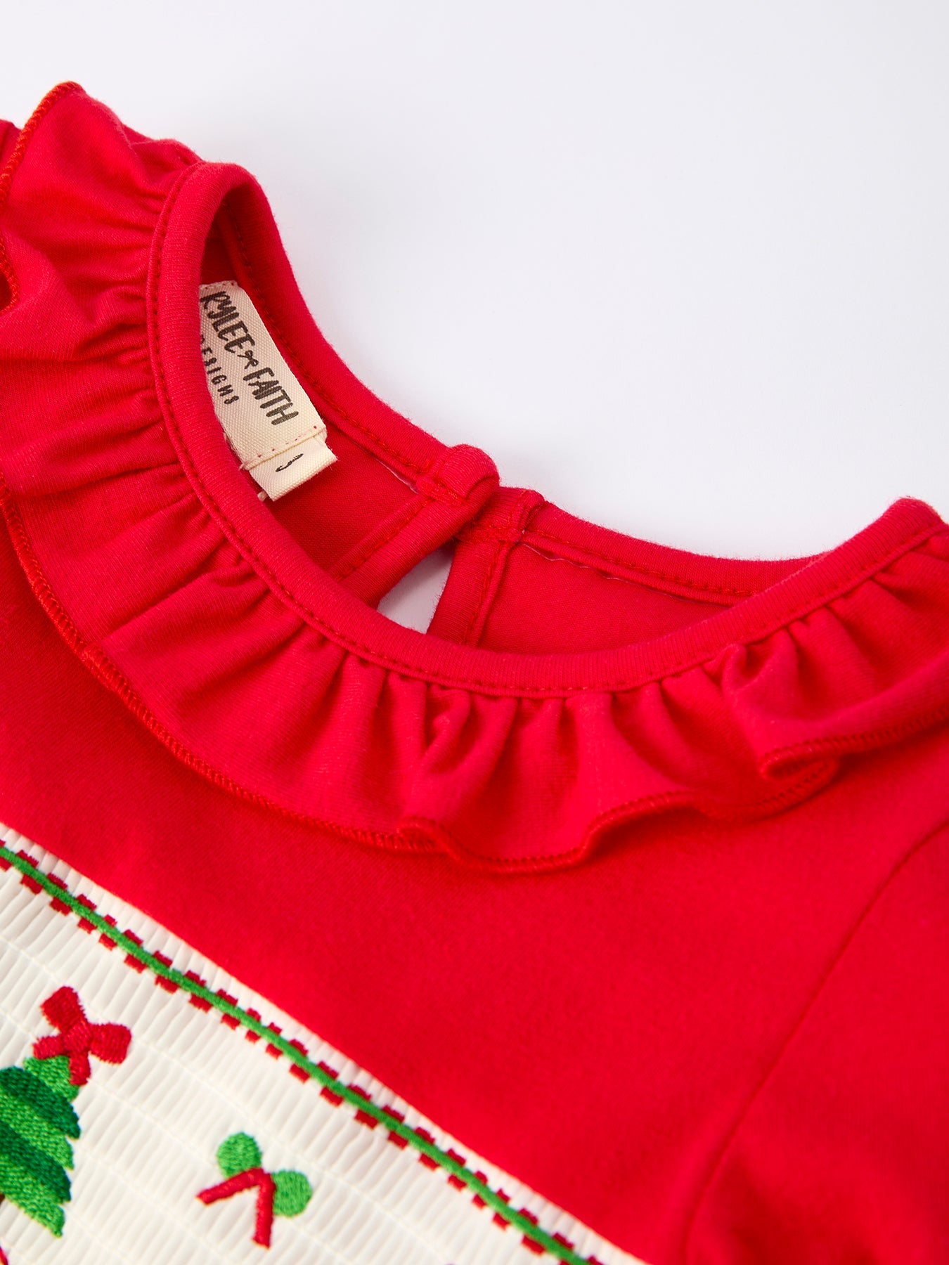 Christmas Smocked Dress With Green Bow And Tree Embroidery