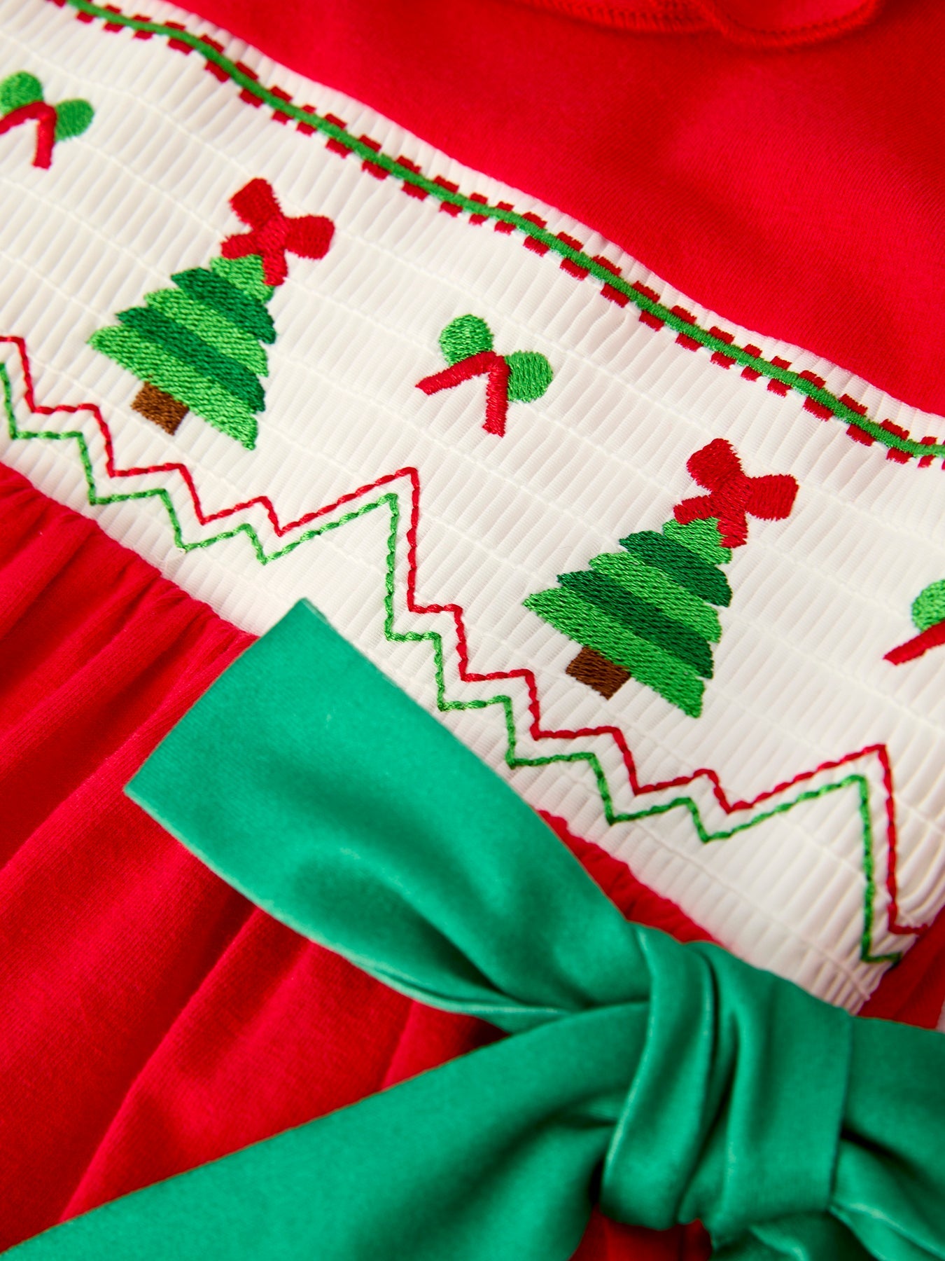 Christmas Smocked Dress With Green Bow And Tree Embroidery