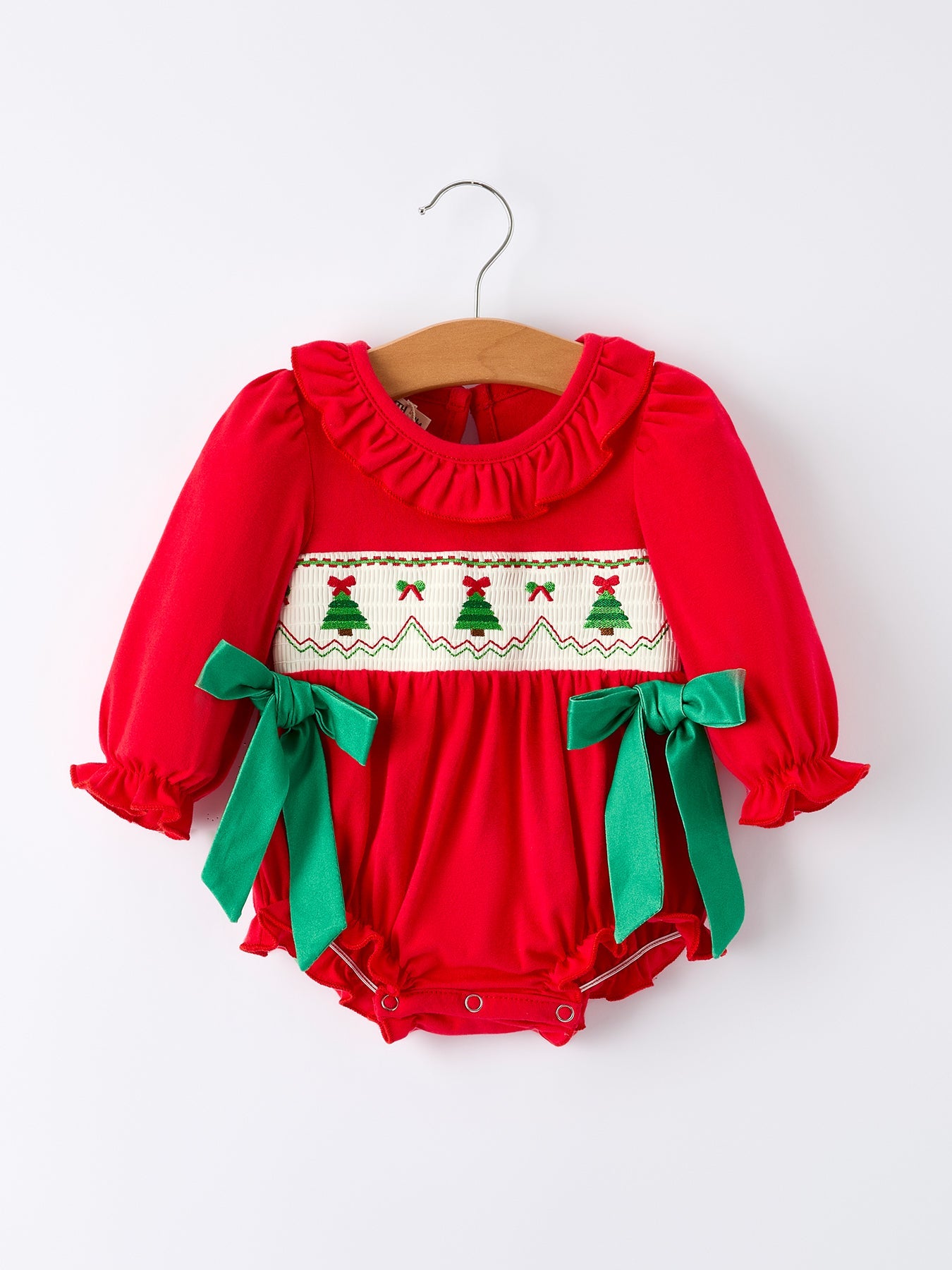 Christmas Smocked Girls Romper With Green Bow And Tree Embroidery