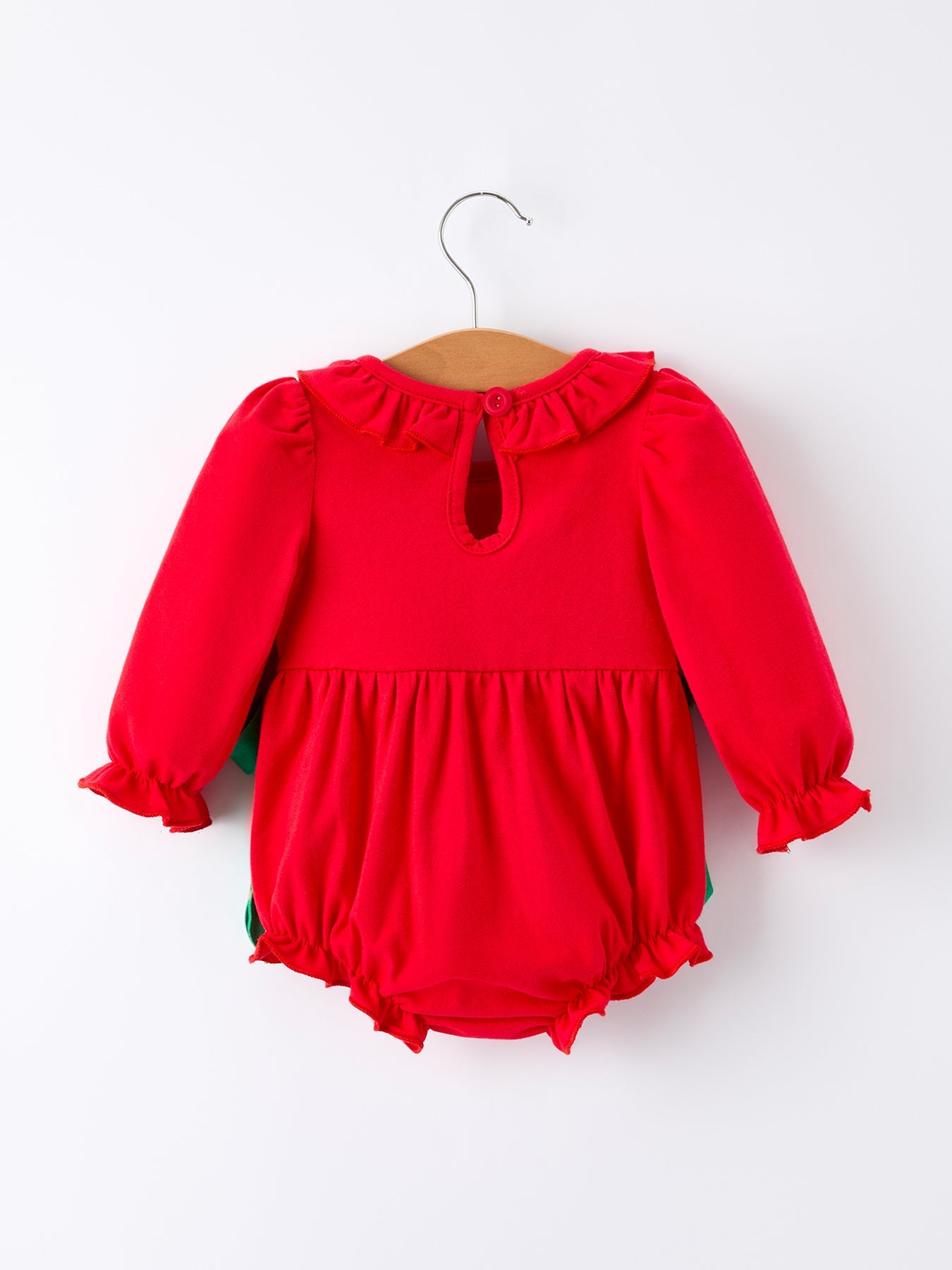 Christmas Smocked Girls Romper With Green Bow And Tree Embroidery