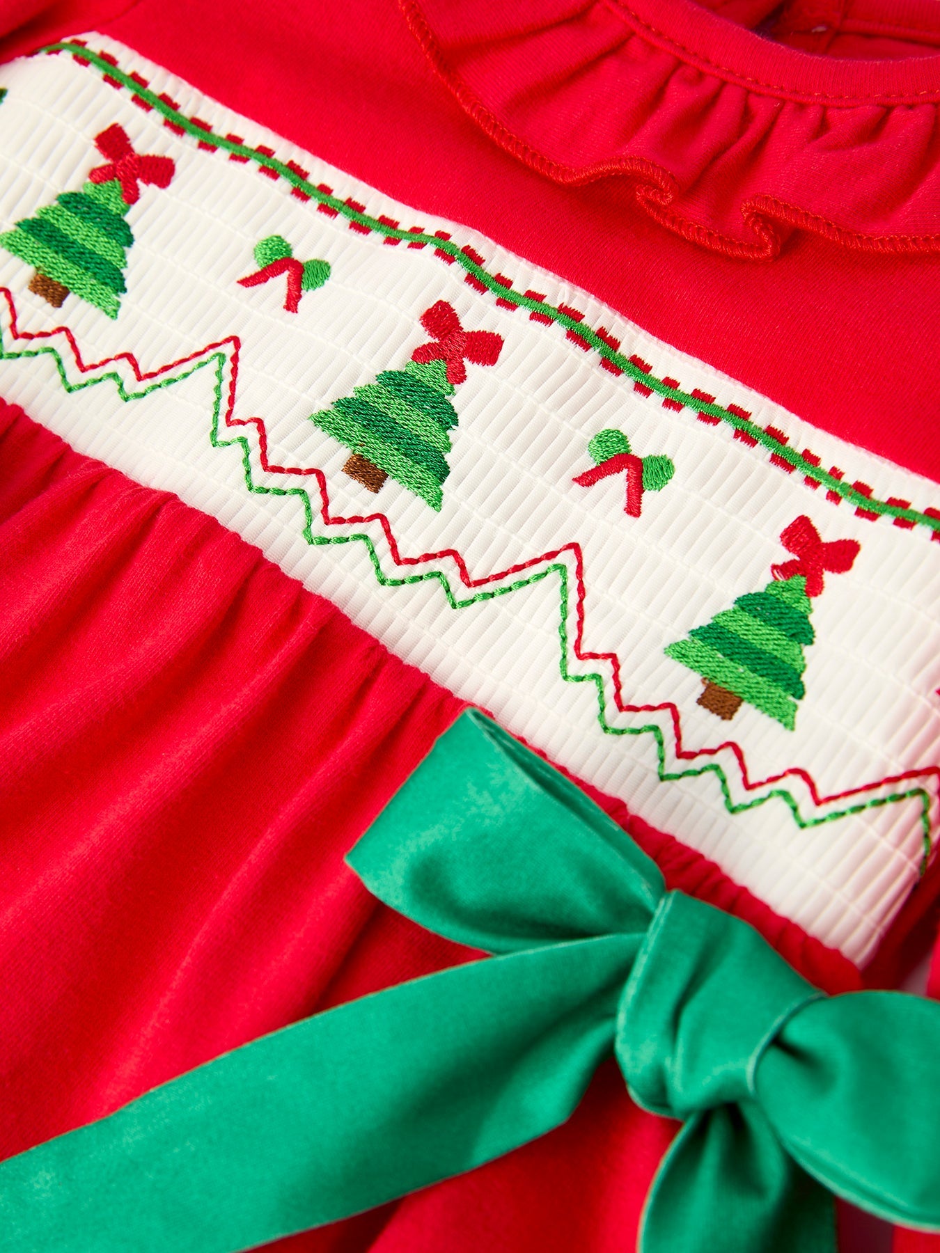 Christmas Smocked Girls Romper With Green Bow And Tree Embroidery