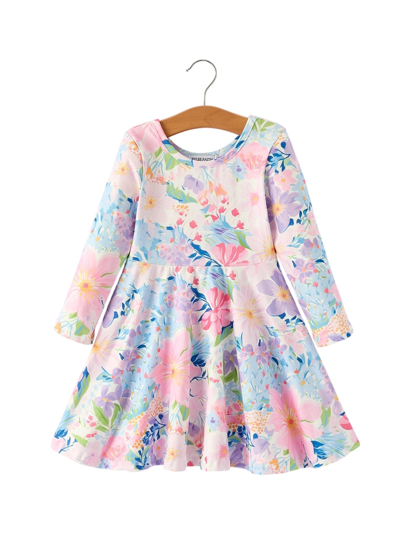 Christmas Floral Print Girl Dress With Long Sleeves