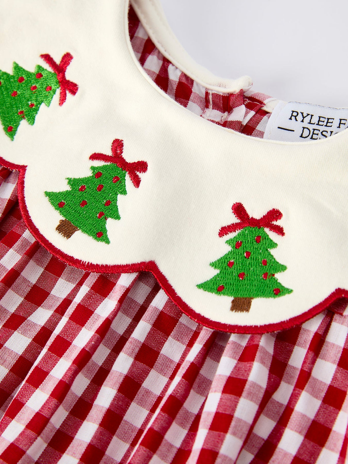 Christmas Tree Embroidery Red Gingham Long Sleeve Baby Girl Bloomers Set