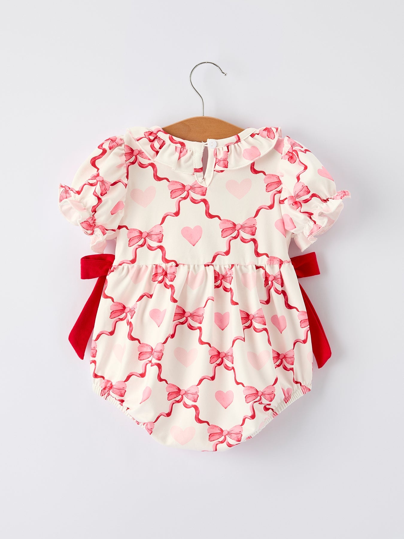 Girls Valentine Romper With Heart Embroidery And Bowknot Design