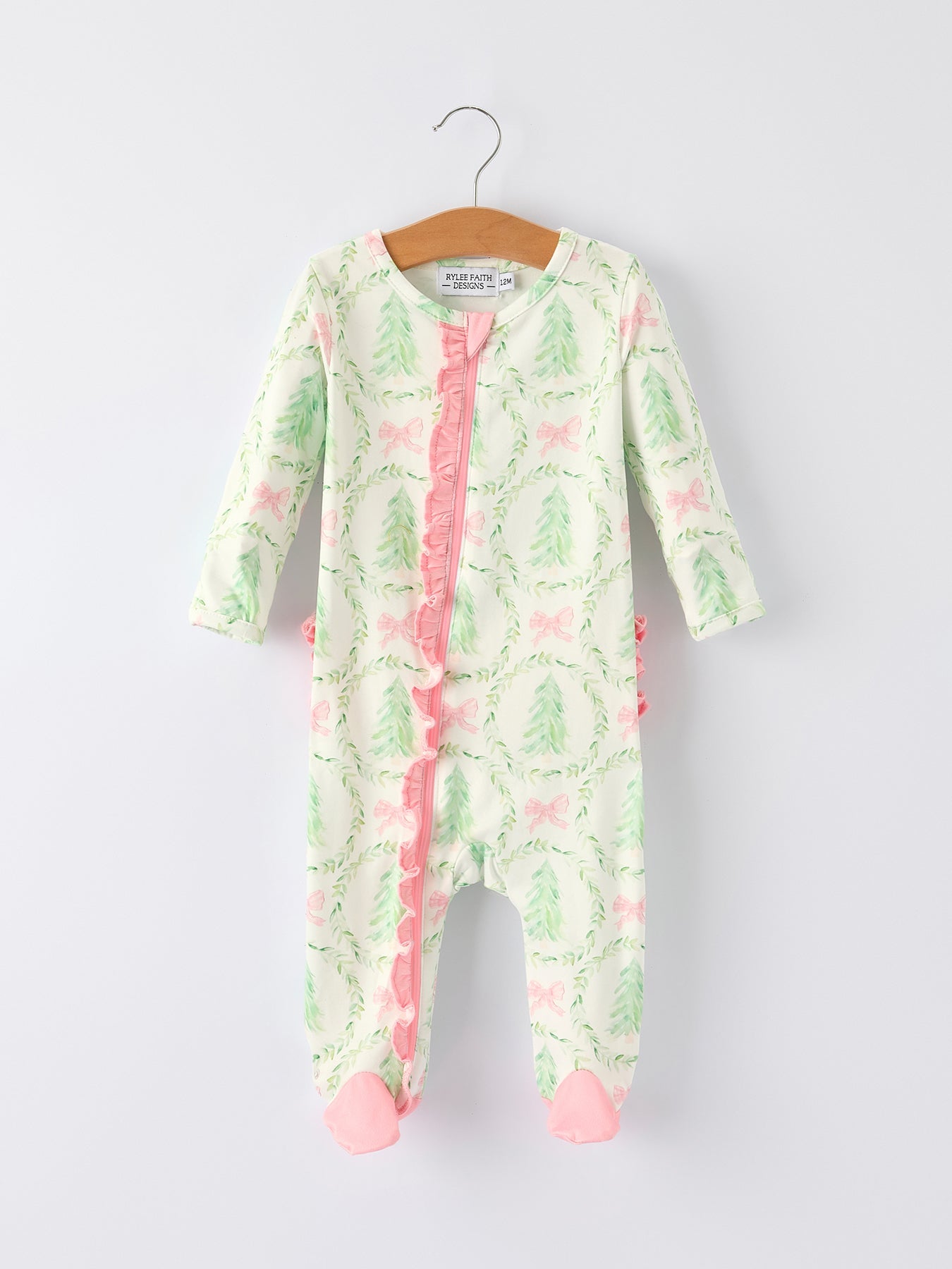 Christmas Tree Wreath Print Long Sleeve Zip Baby Girls Romper