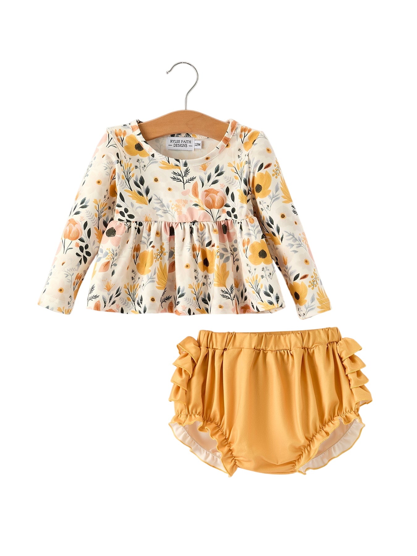 Fall Floral Print Baby Girls Long Sleeve Top With Ruffle Bloomers Set