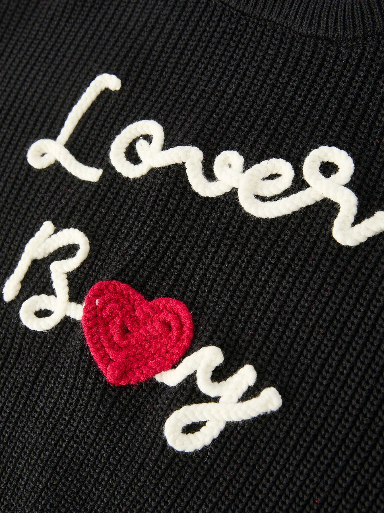 Valentine’s Day Boys Black Knitted Pullover Sweater With White "lover Boy"  Embroidery