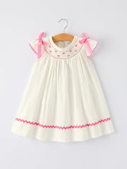 Fall White Girls Dress With Pink Bow Embroidery