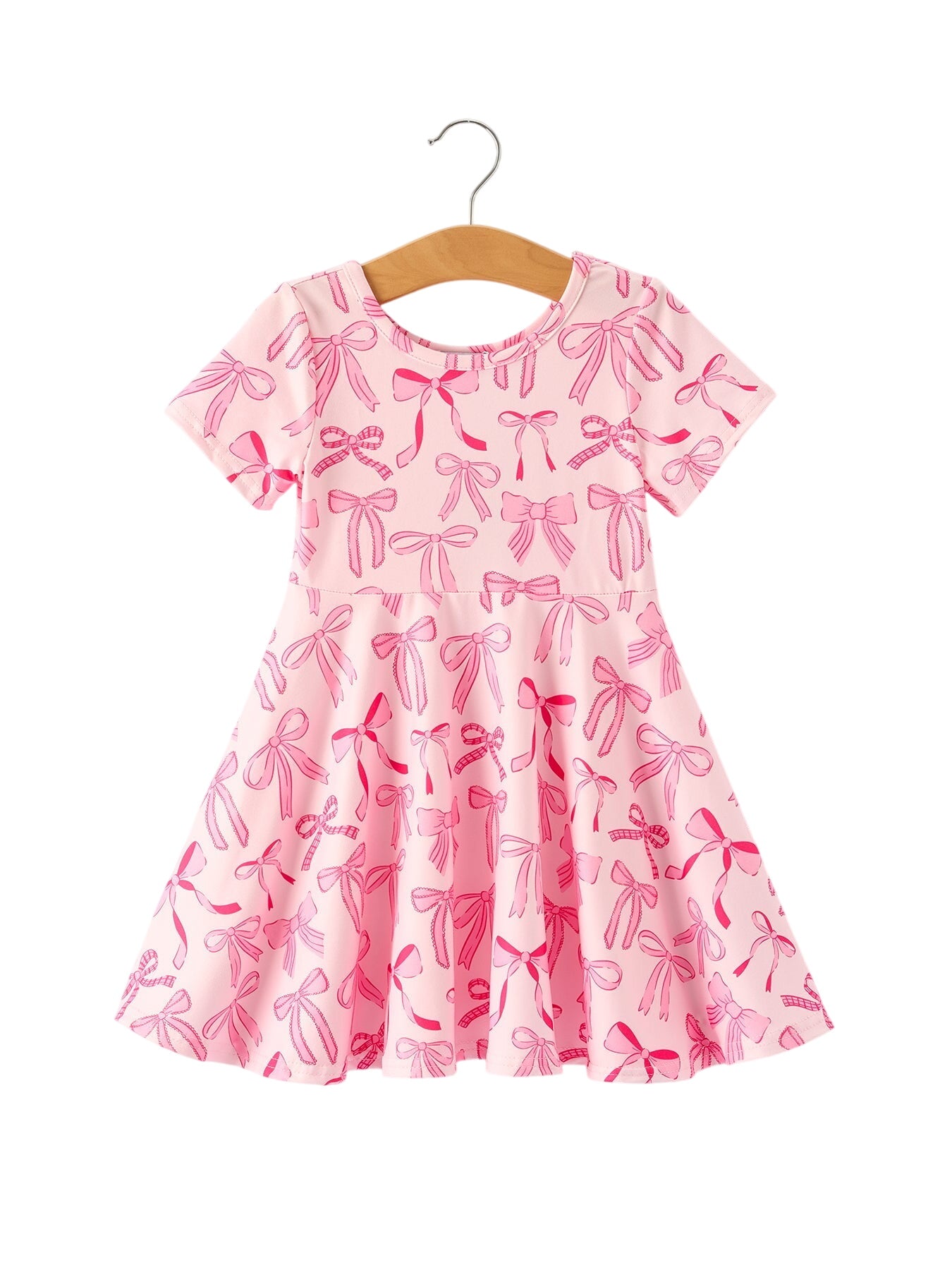 Girls Pink Dress With Bow Pattern - Cute Short Sleeve Outfit