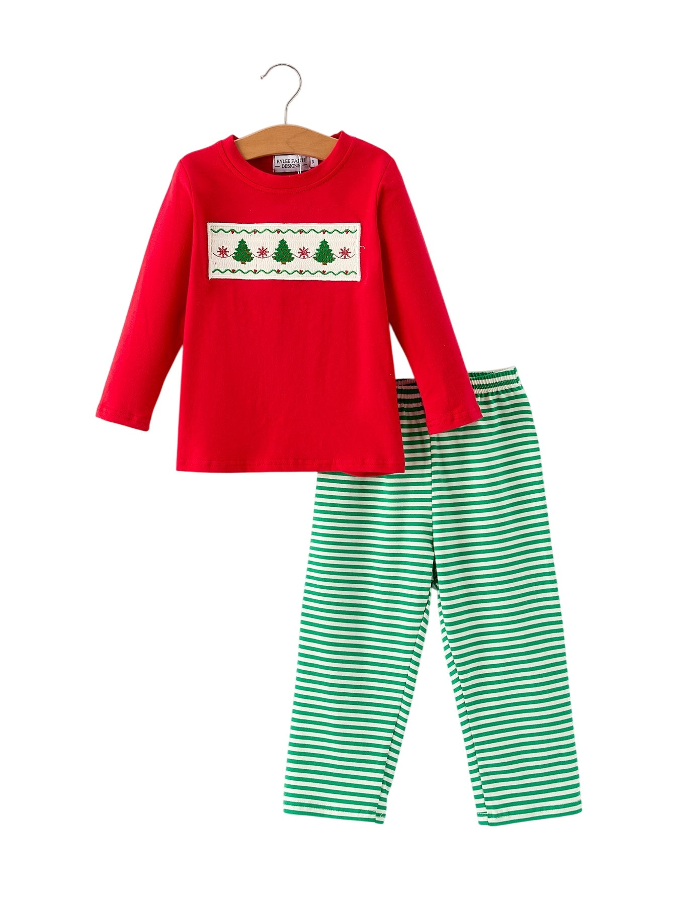 Christmas Tree Smocked Embroidery Green Stripe Boy Set