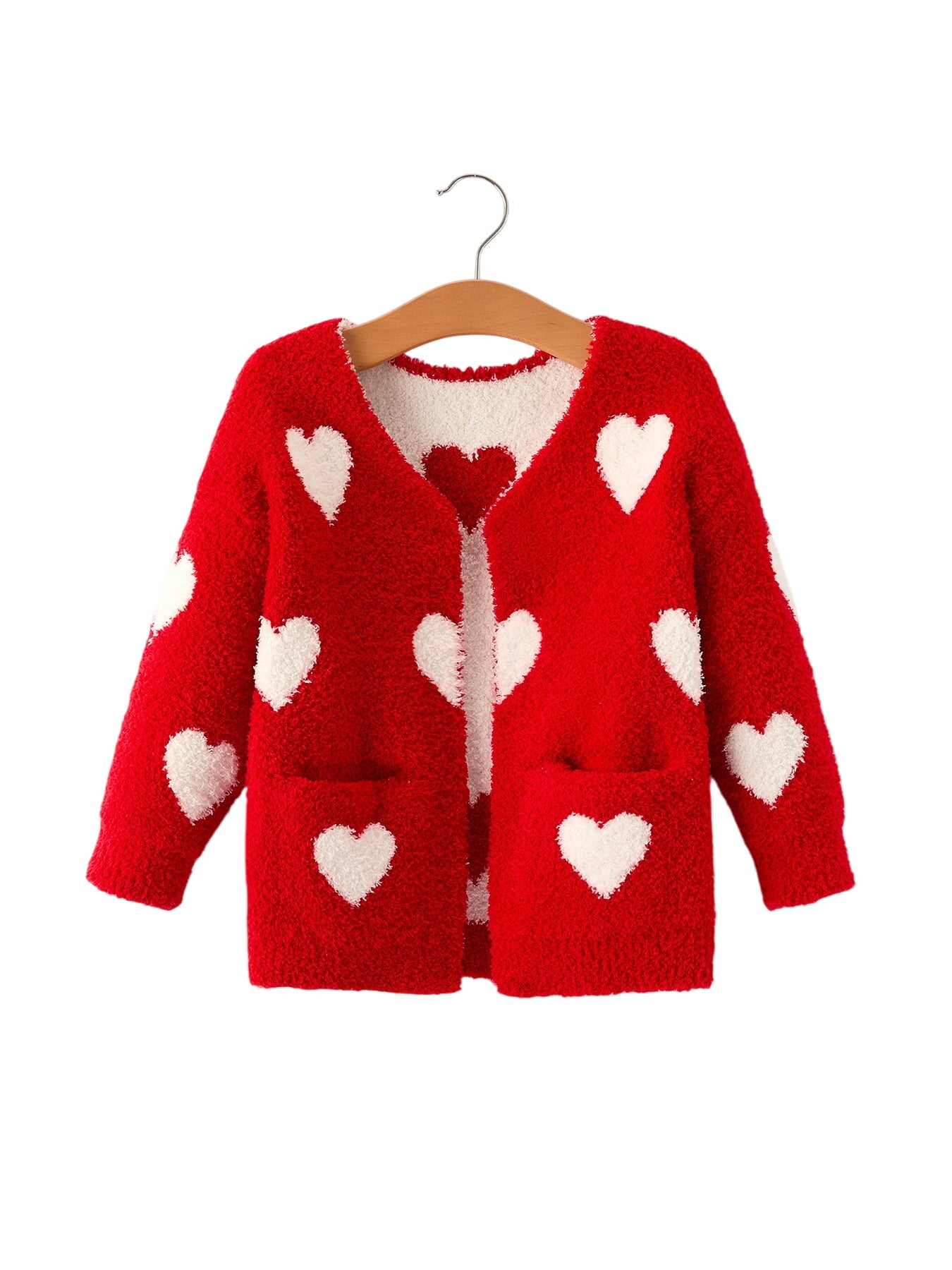 Valentine’s Day Girls Red Heart Pattern Fuzzy Knit Cardigan With Front Pockets