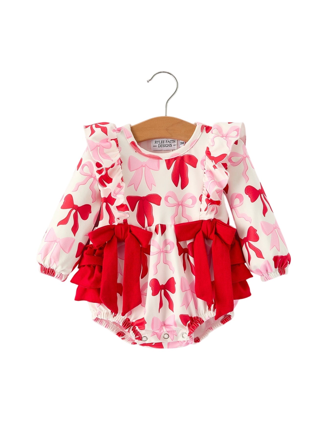 Baby Girls Valentine’s Bow Print Long Sleeve Ruffle Romper