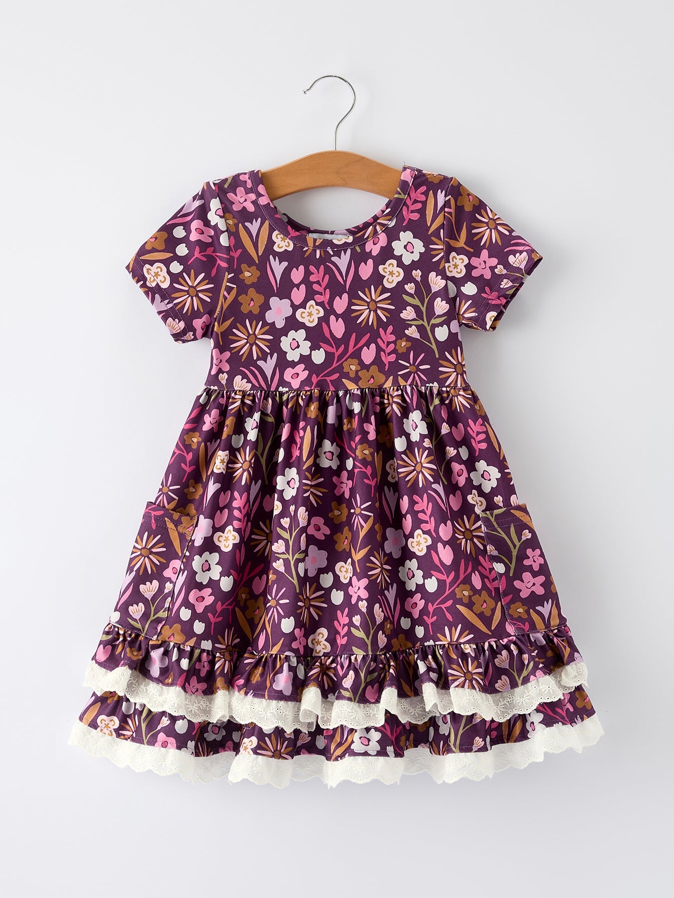 Retro Floral Print Short Sleeve  Girls Dress  With Pockets