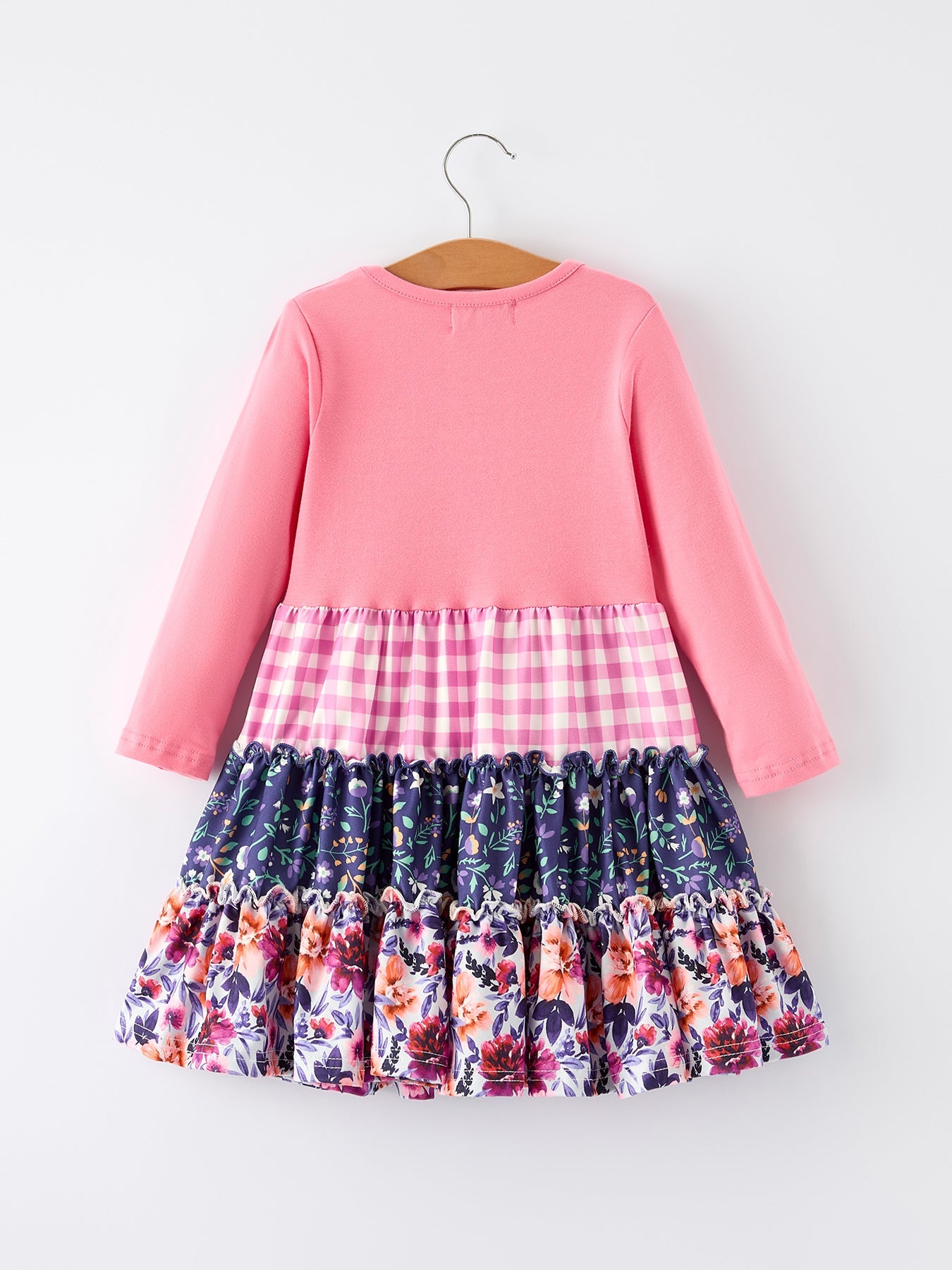 Pink Autumn Patchwork Floral & Plaid Long Sleeve Girls Dress