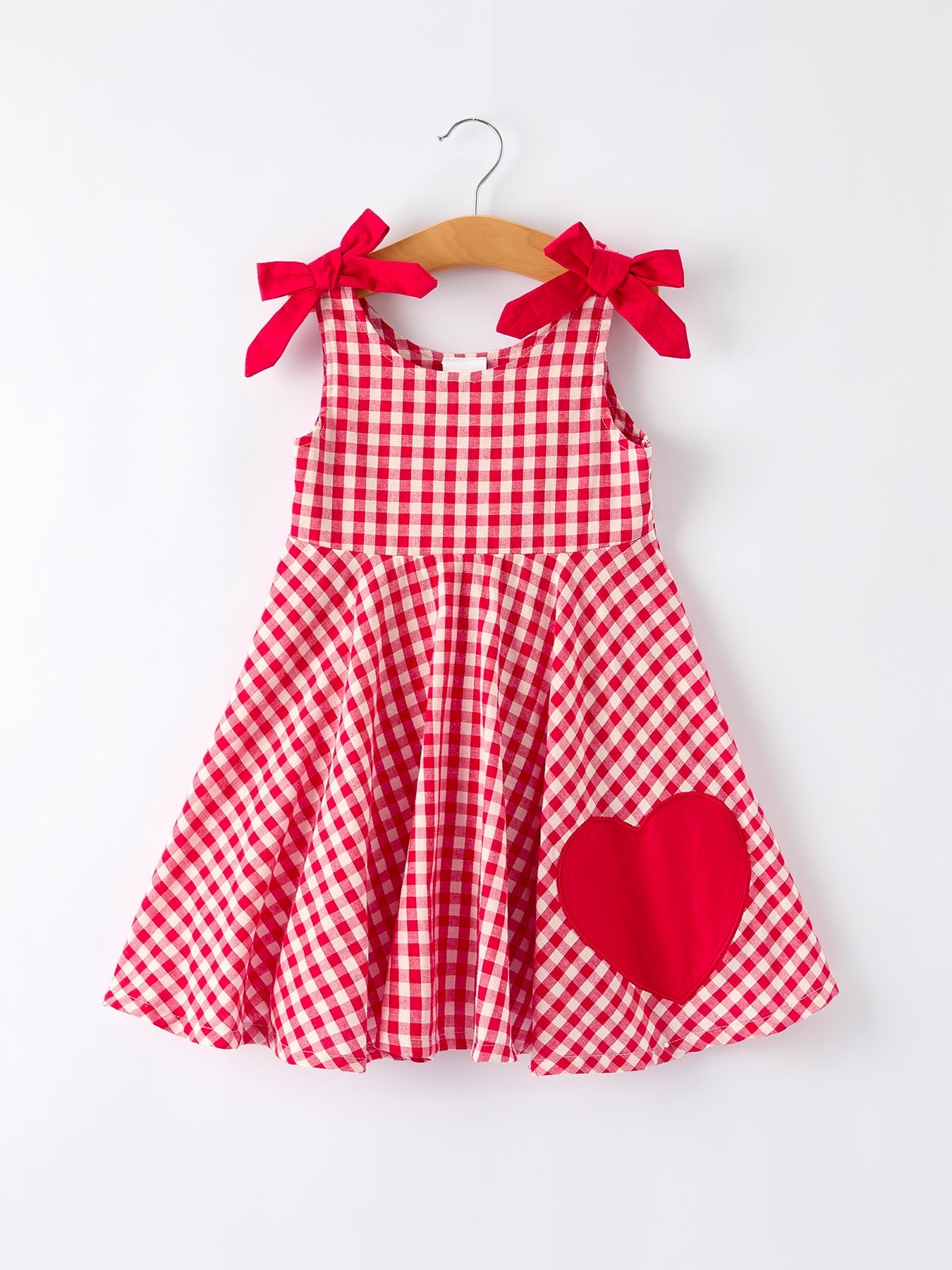 Valentine’s Day Red Plaid Heart Applique Dress With Bows – Toddler Girls Outfit