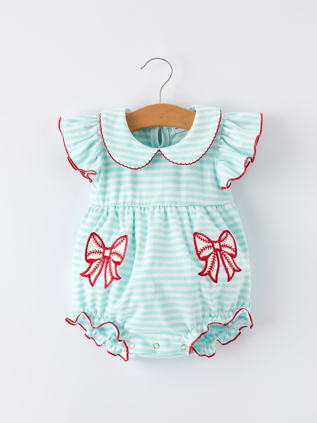 Striped Casual Outfit With Baseball Bow Applique Lapel Girls Romper