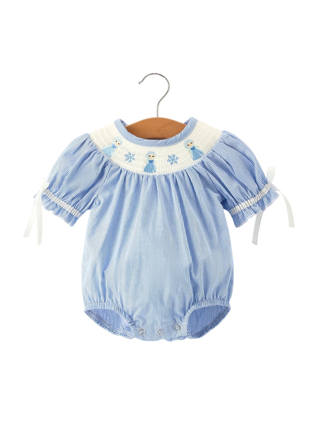 Baby Girls Romper – Blue Striped Smocked Outfit With Short Sleeves