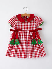 Girls Christmas Outfit – Red Plaid Dress With Tree Bow Accents