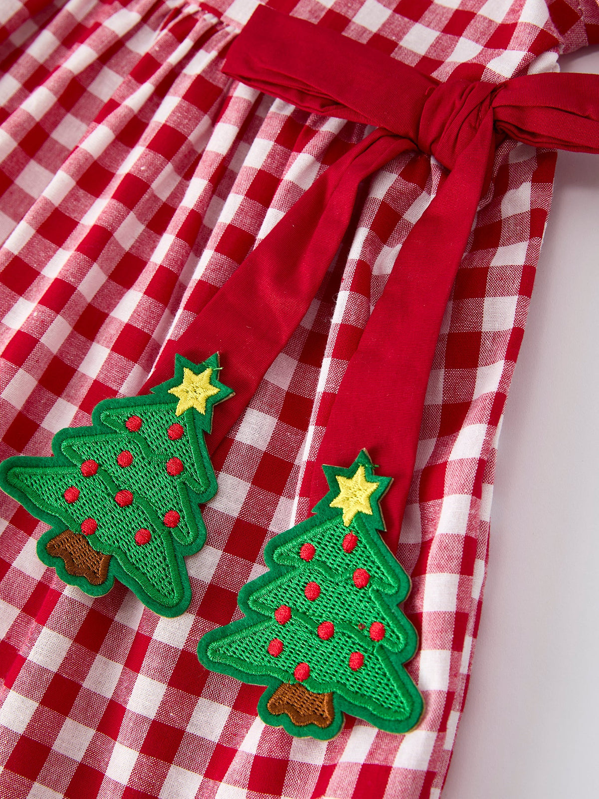 Girls Christmas Outfit – Red Plaid Dress With Tree Bow Accents