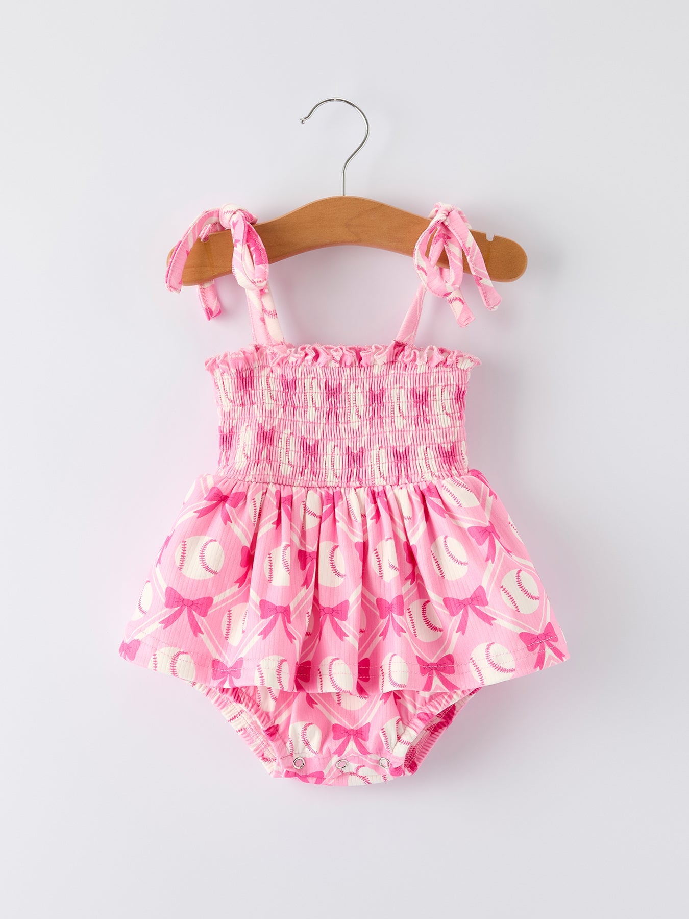Baby Girl Pink Baseball Bow Print Romper Summer Outfit