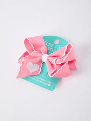 Valentine Cute Pink Bow Hair Clip With White Heart Embroidery For Girls