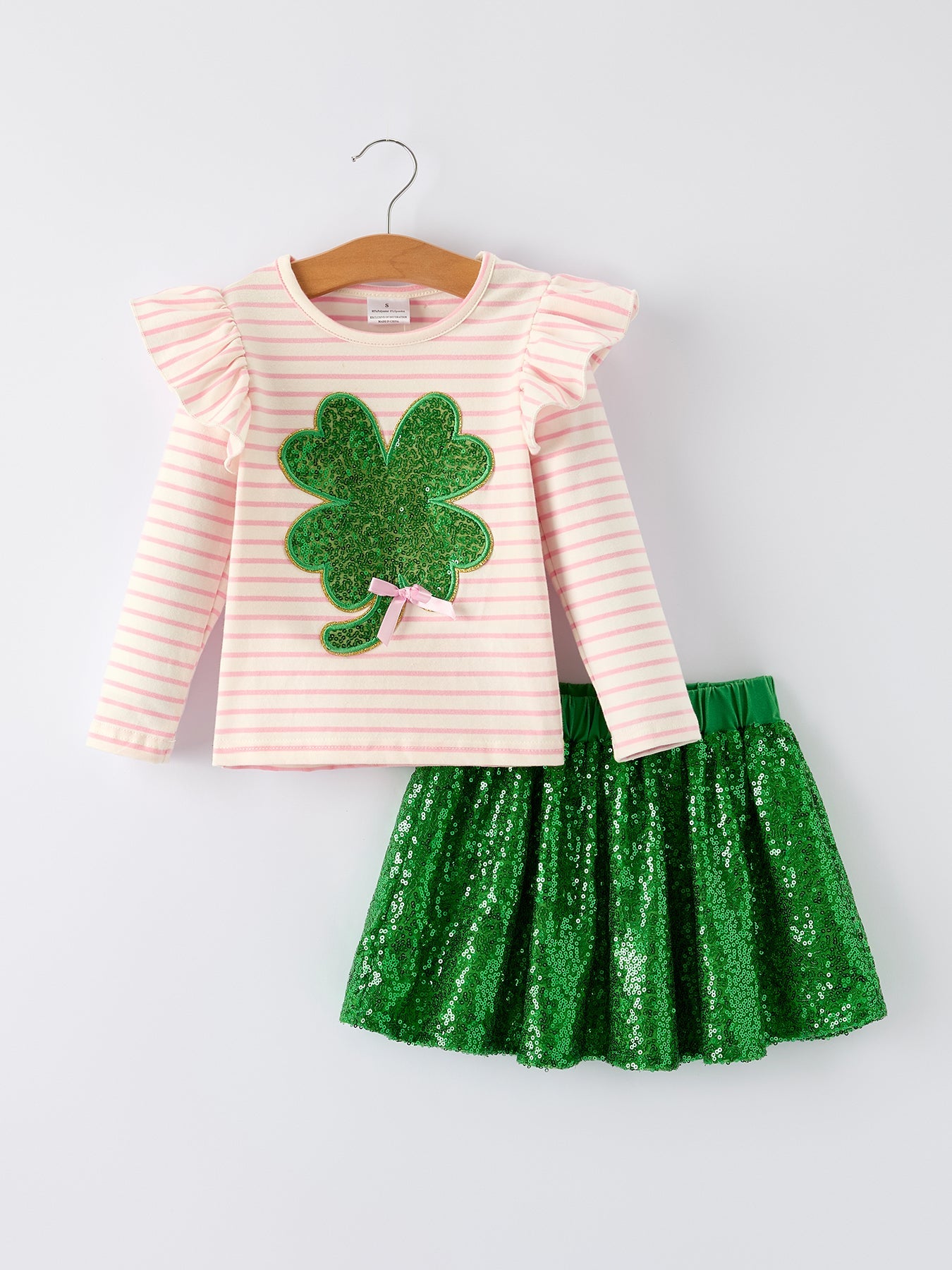 St. Patrick’s Day Stripe Top With Glitter Shamrock And Sequin Skirt Set