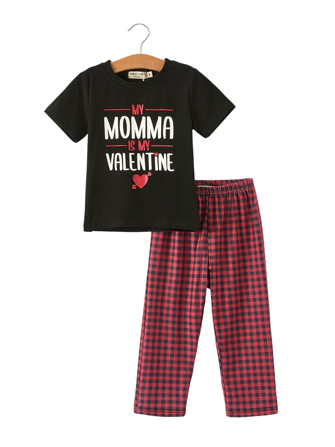 Valentine's Day Letter Print Top + Plaid Pants Boys Set