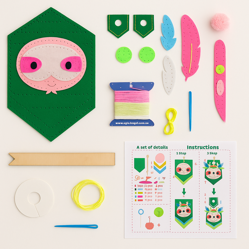 Apli Krapli - Apli Krapli Felt Wall Flag Sewing Kit Sloth Precut Felt Thread & Safe Needle Ages 6+