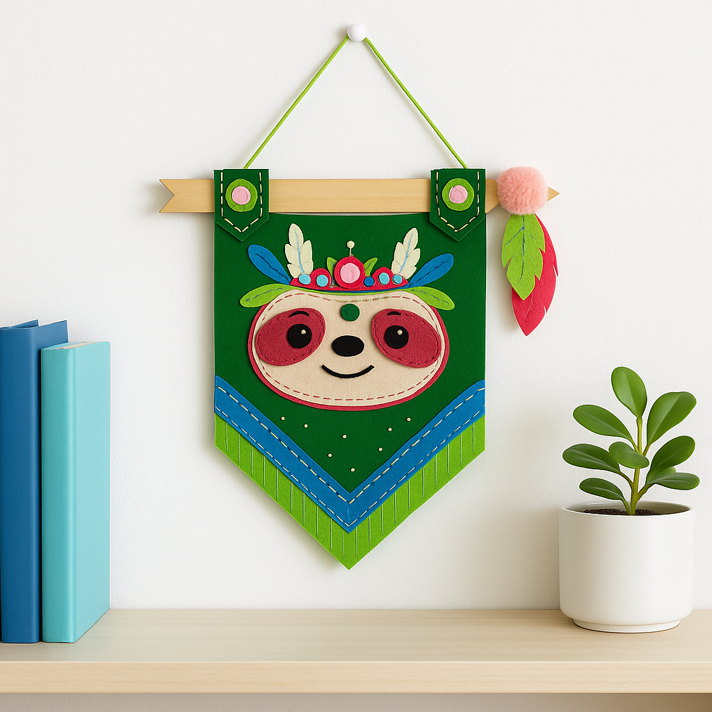 Apli Krapli - Apli Krapli Felt Wall Flag Sewing Kit Sloth Precut Felt Thread & Safe Needle Ages 6+