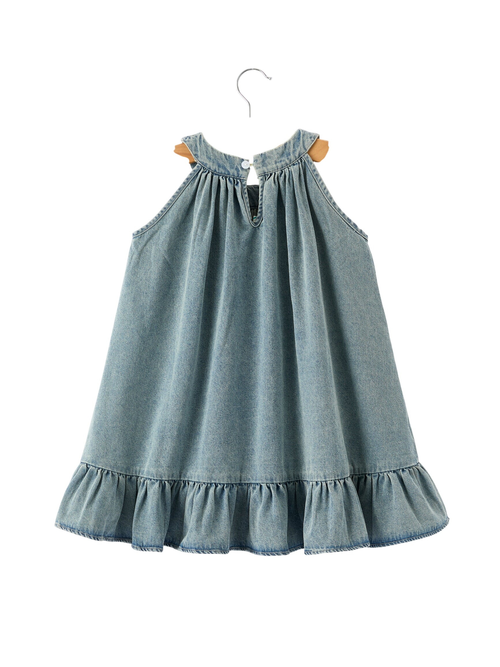Girls Denim Ruffle Trim A-line Dress