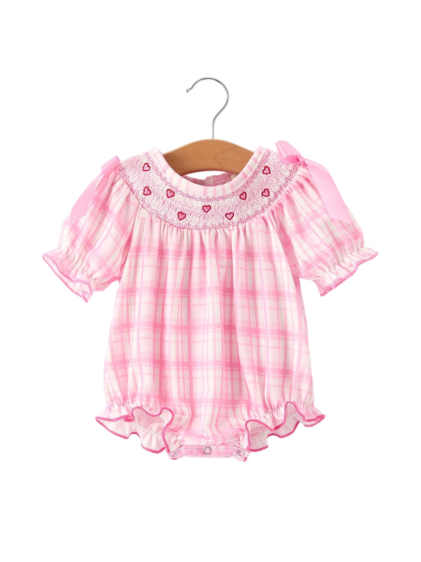 Valentine's Day Pink Plaid Smocked Heart Embroidery Girls Romper