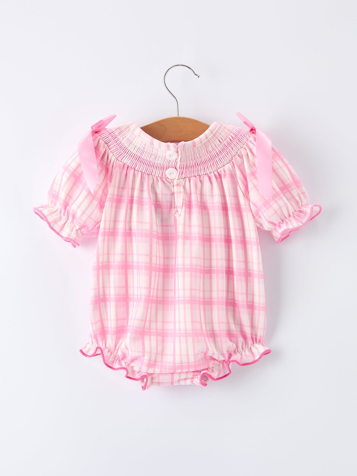 Valentine's Day Pink Plaid Smocked Heart Embroidery Girls Romper