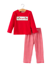 Red Valentine's Day Plaid Smocking Embroidered  Pony Boys Set