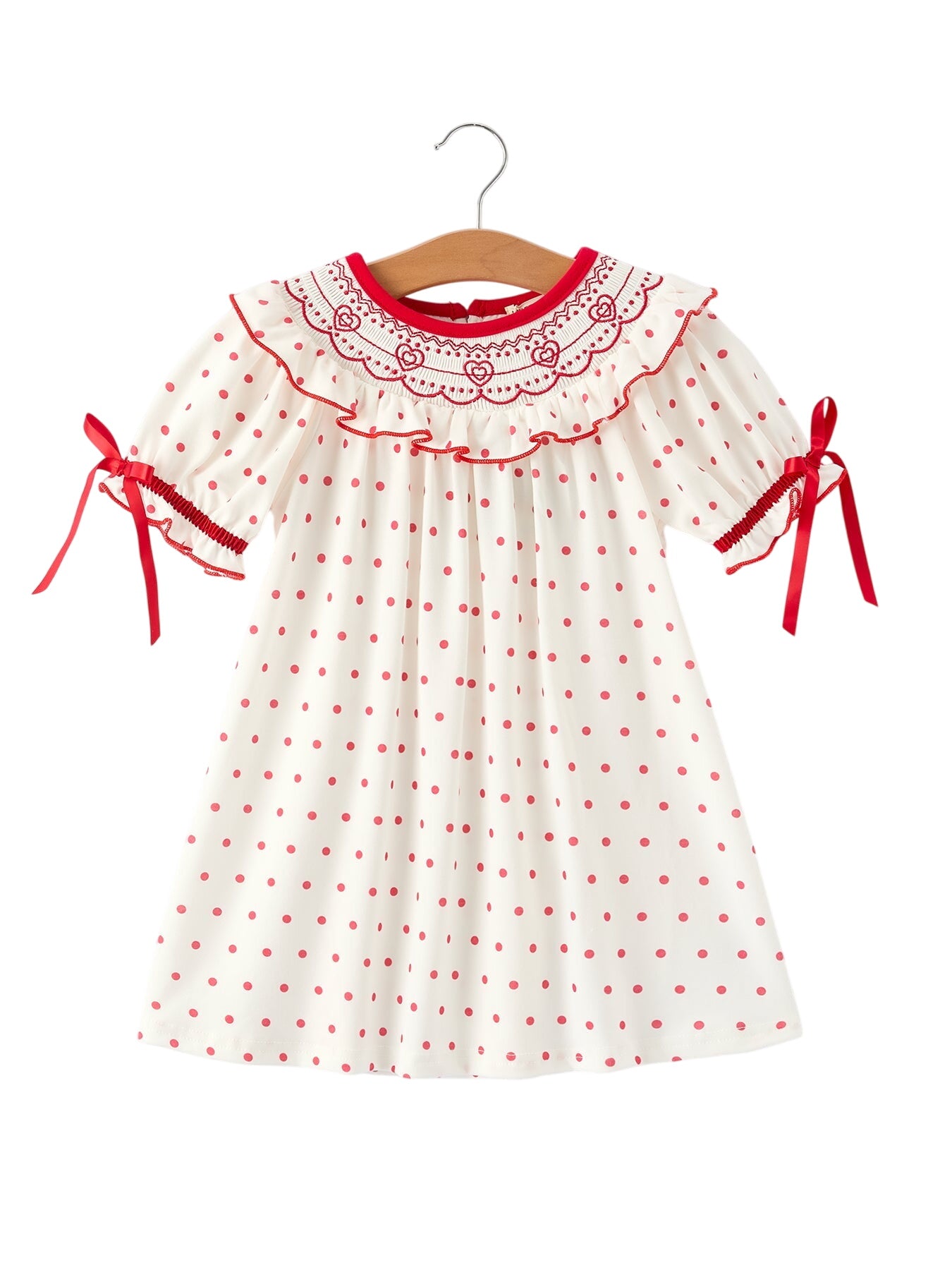 Valentine's Day Polka Dot Girls' Dress With Smocking Embroidery
