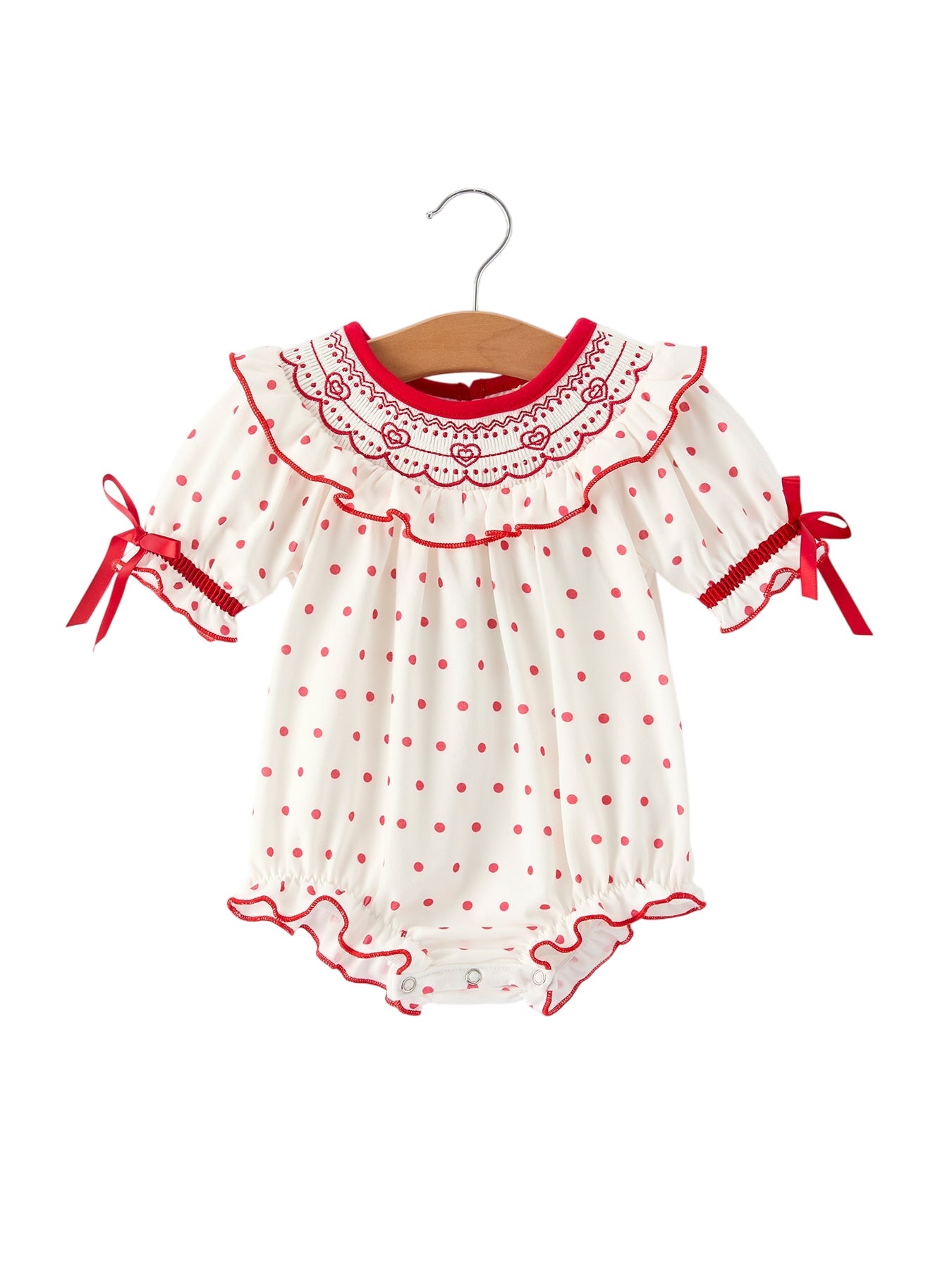 Valentine's Day Polka Dot Baby Girls Romper With Smocking Embroidery