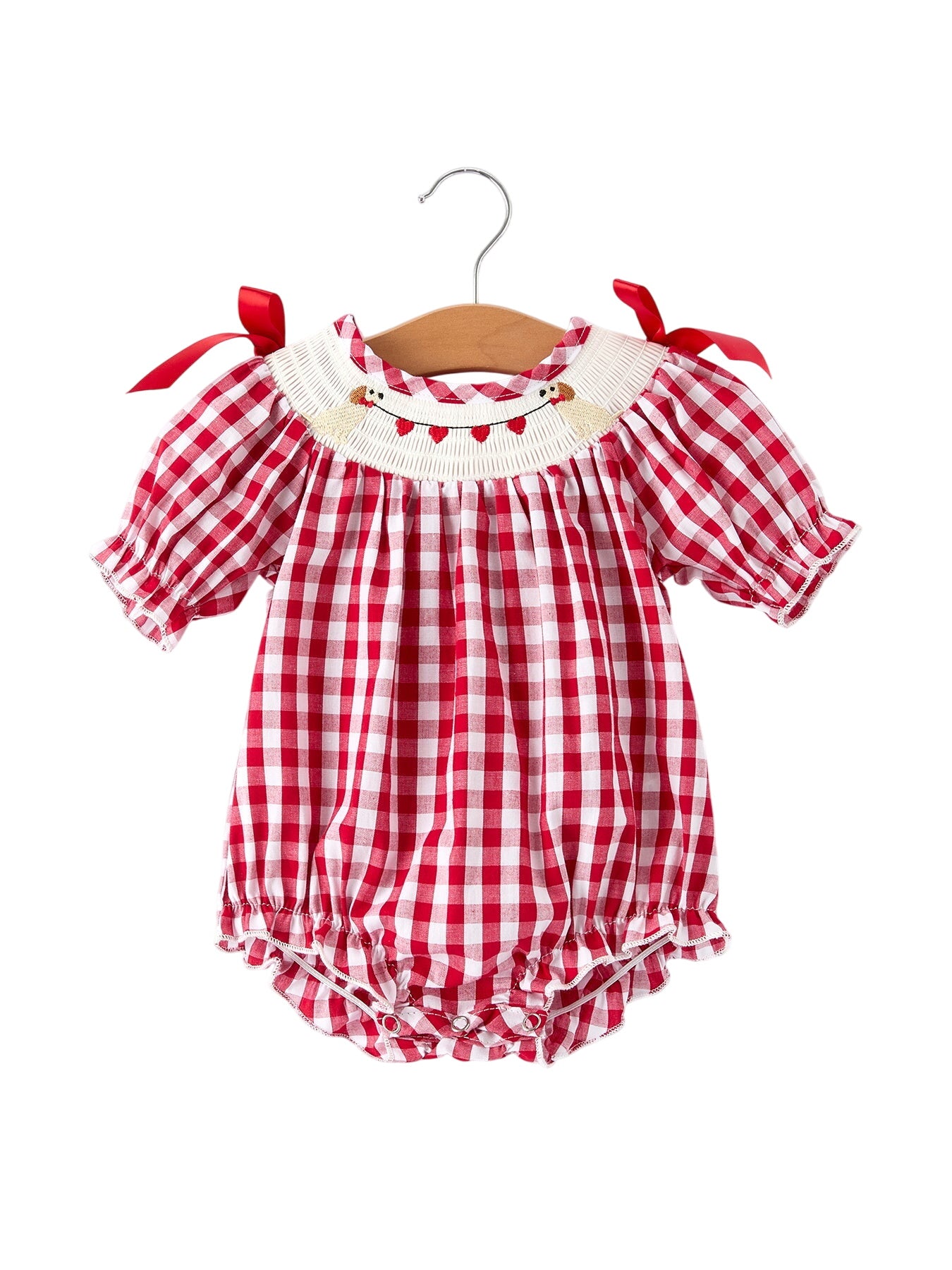 Valentine Red Plaid Romper With Smocked Heart Dog Detail And Bows