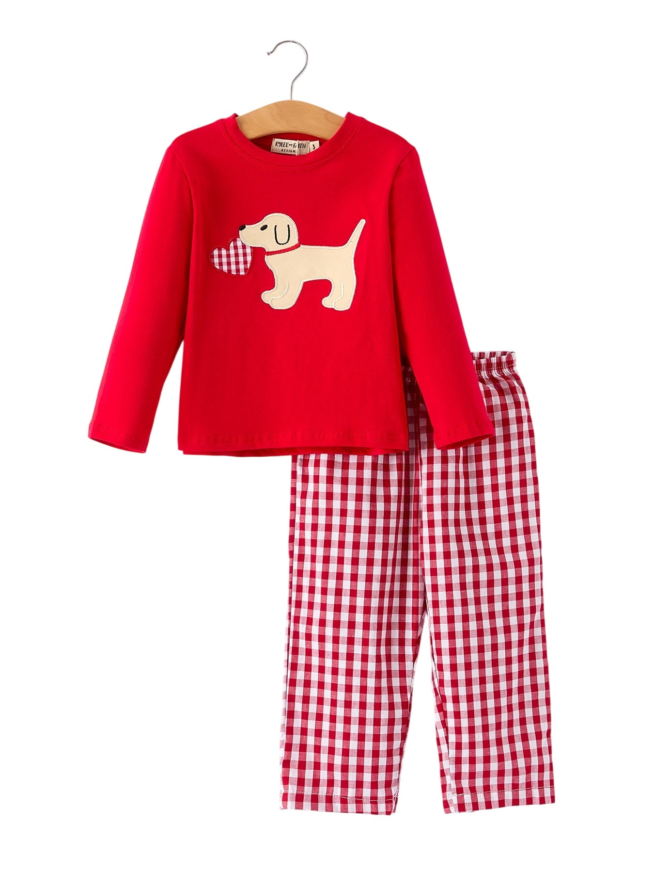 Valentine Red Plaid Boys Set With Applique Heart Dog Detail