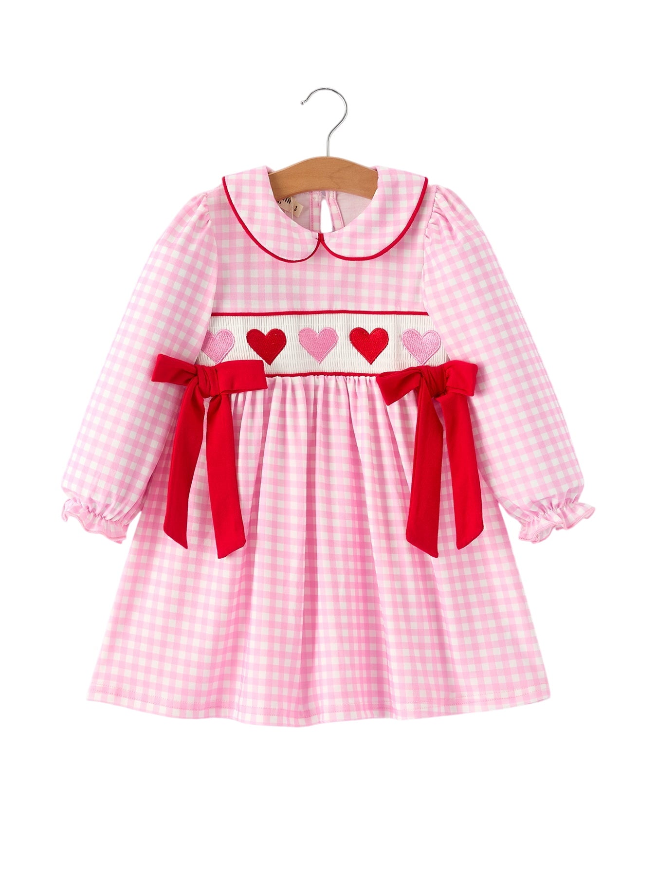 Girls' Valentine's Day Heart Smocking Embroidered Plaid Dress