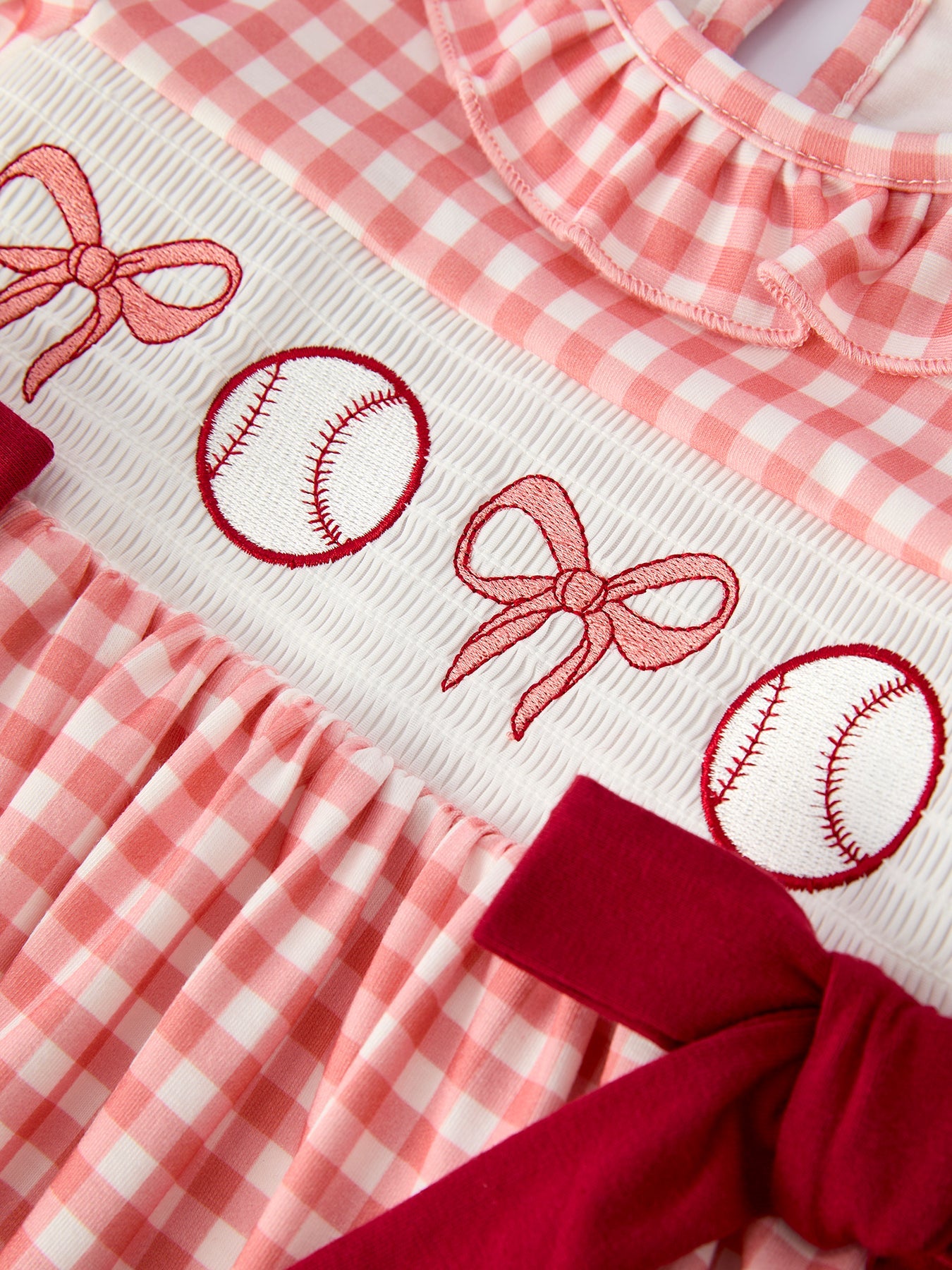 Baseball Embroidery Smocked Ruffle Plaid Girl Dress