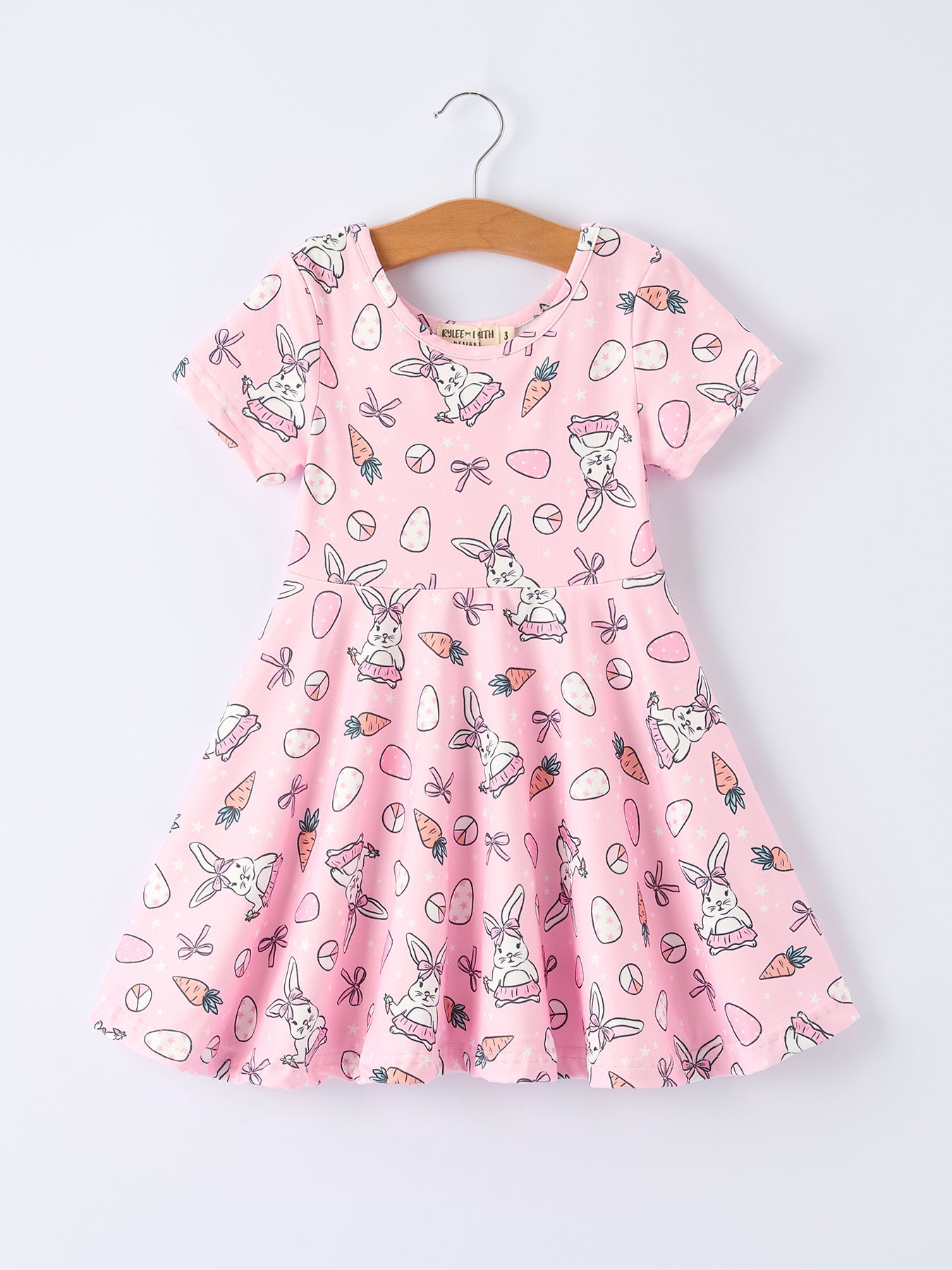 Pink Easter Bunny Carrot Print Girls Short Sleeve Dress